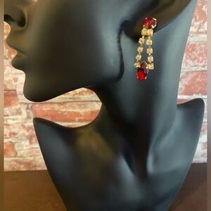 *70s Vintage Holiday Red Drop & Rhinestone Earrings w/Original Circle Backs
